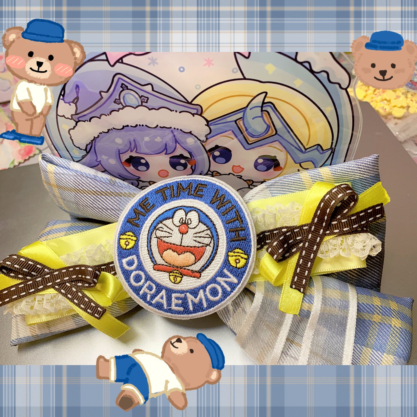 Blue Cheese & Lemon Chocolate - Handmade Doraemon Plaid Bow Hair Clip